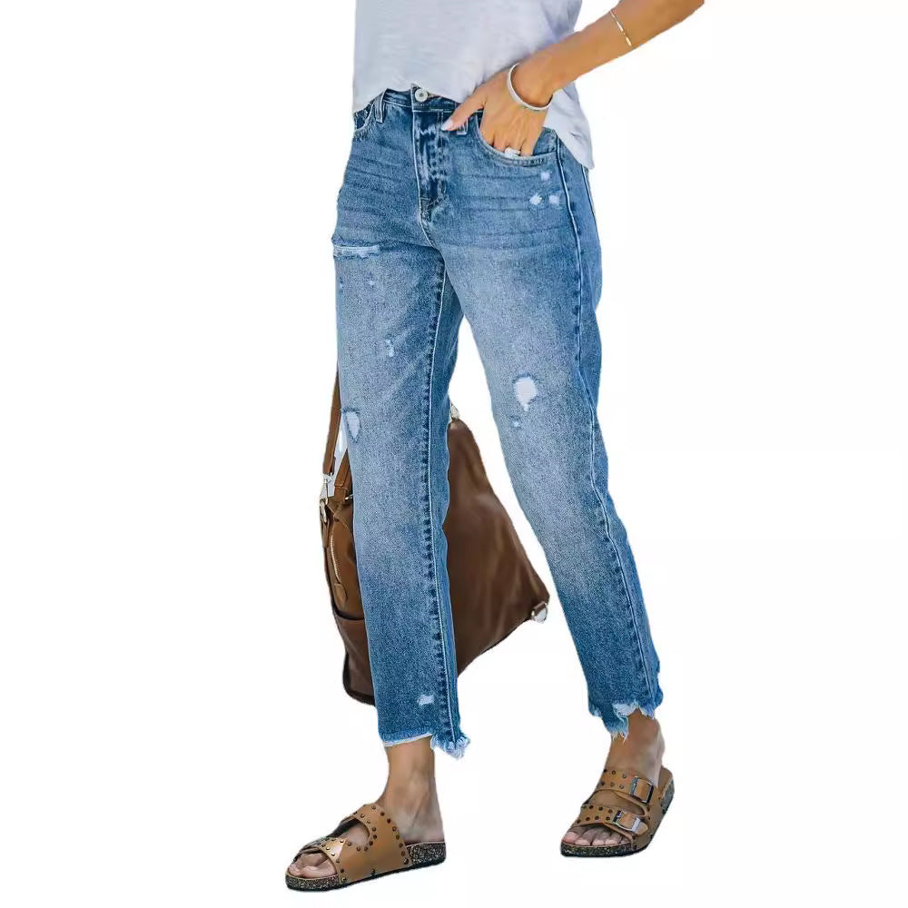 Women's Light Blue With Holes Casual Cropped Jeans