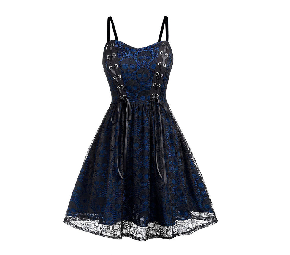 Women's Stitching Skull Mesh Sleeveless Sling Drawstring Dresses