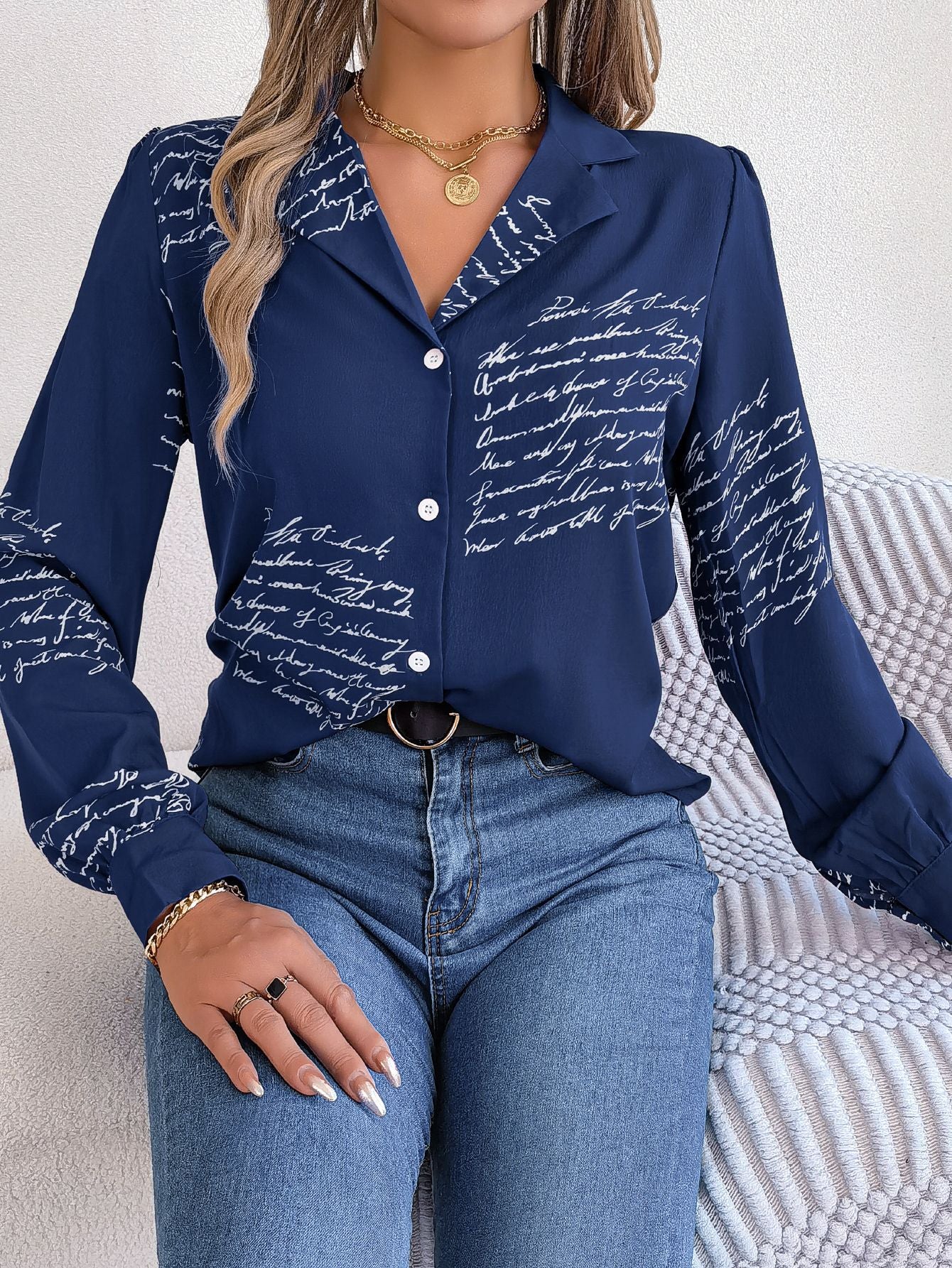 Women's Casual Letters Collar Long Sleeve Shirt Blouses