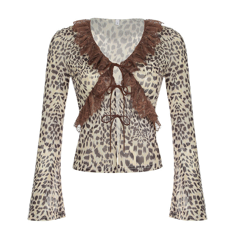 Lace Stitching Leopard Print Autumn Hot Blouses