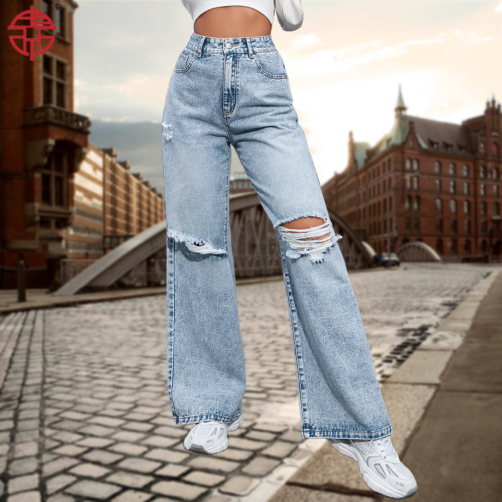 Women's Trendy Denim Trousers Casual Fashion Holes Jeans