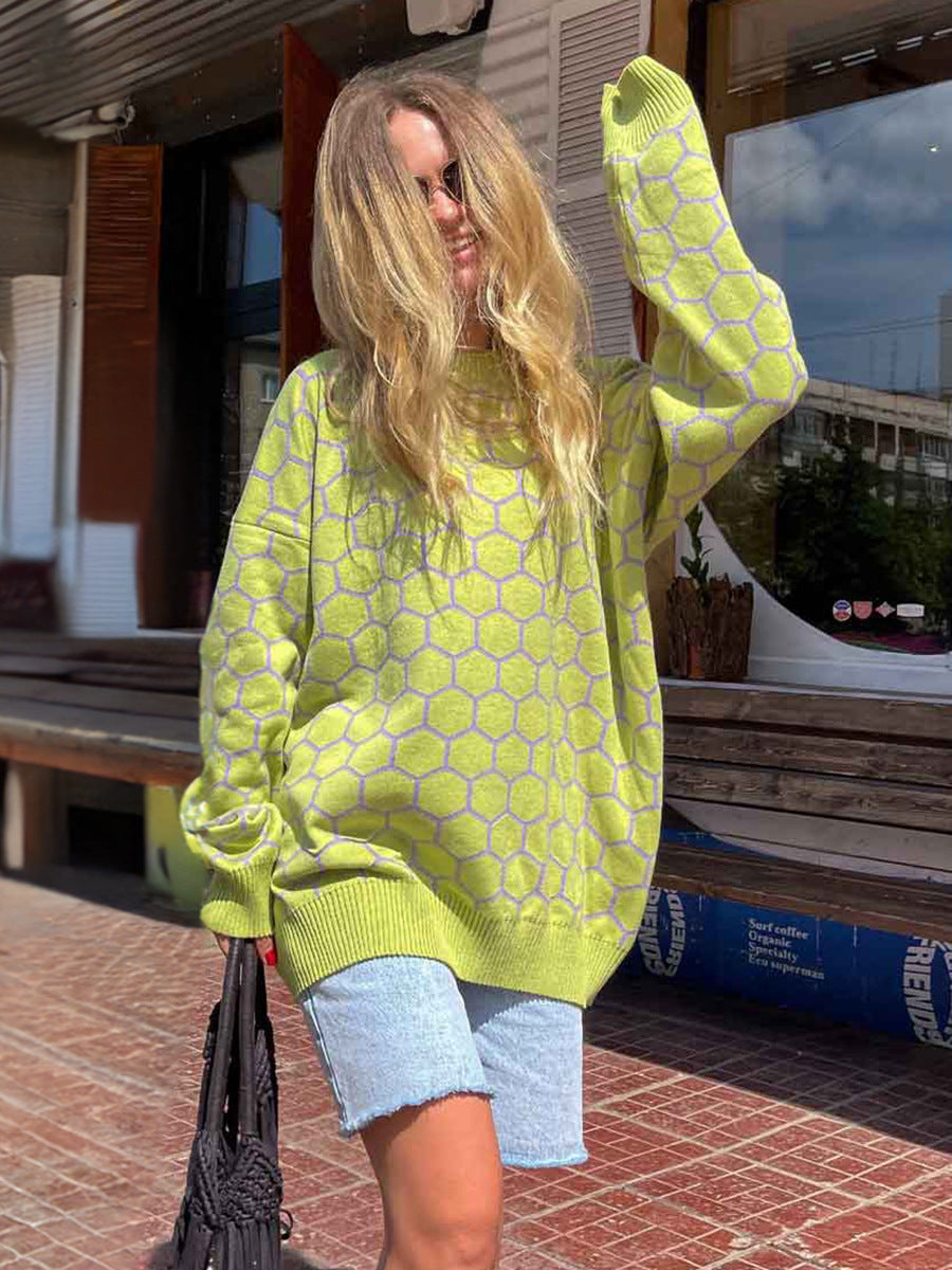 Neck Honey Loose Temperament Versatile Lattice Sweaters