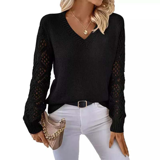 Women's Solid Color Hollow Mesh Sleeve Pullover Knitwear