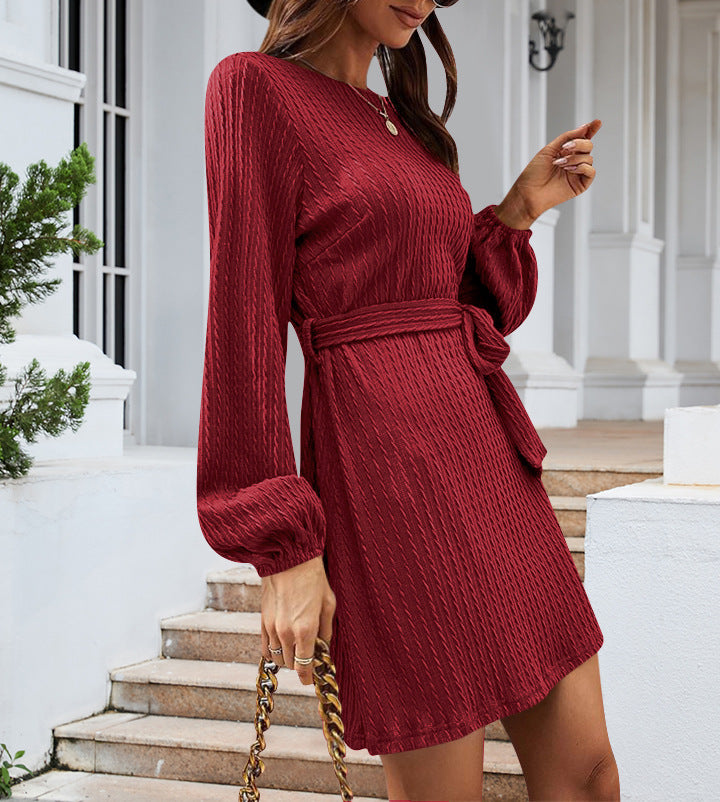 Women's Belt Long Sleeve Twist Knitted Dress Skirts