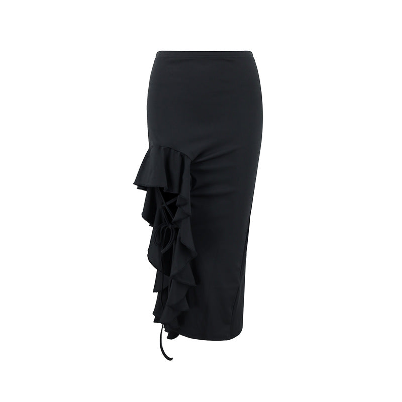 Summer Wear Irregular Wooden Ear Side Slit Black Skirts