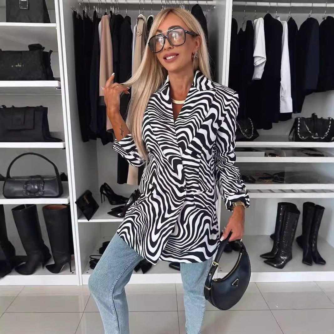 Women's Fashion Personality Zebra Pattern Long Sleeve Coats