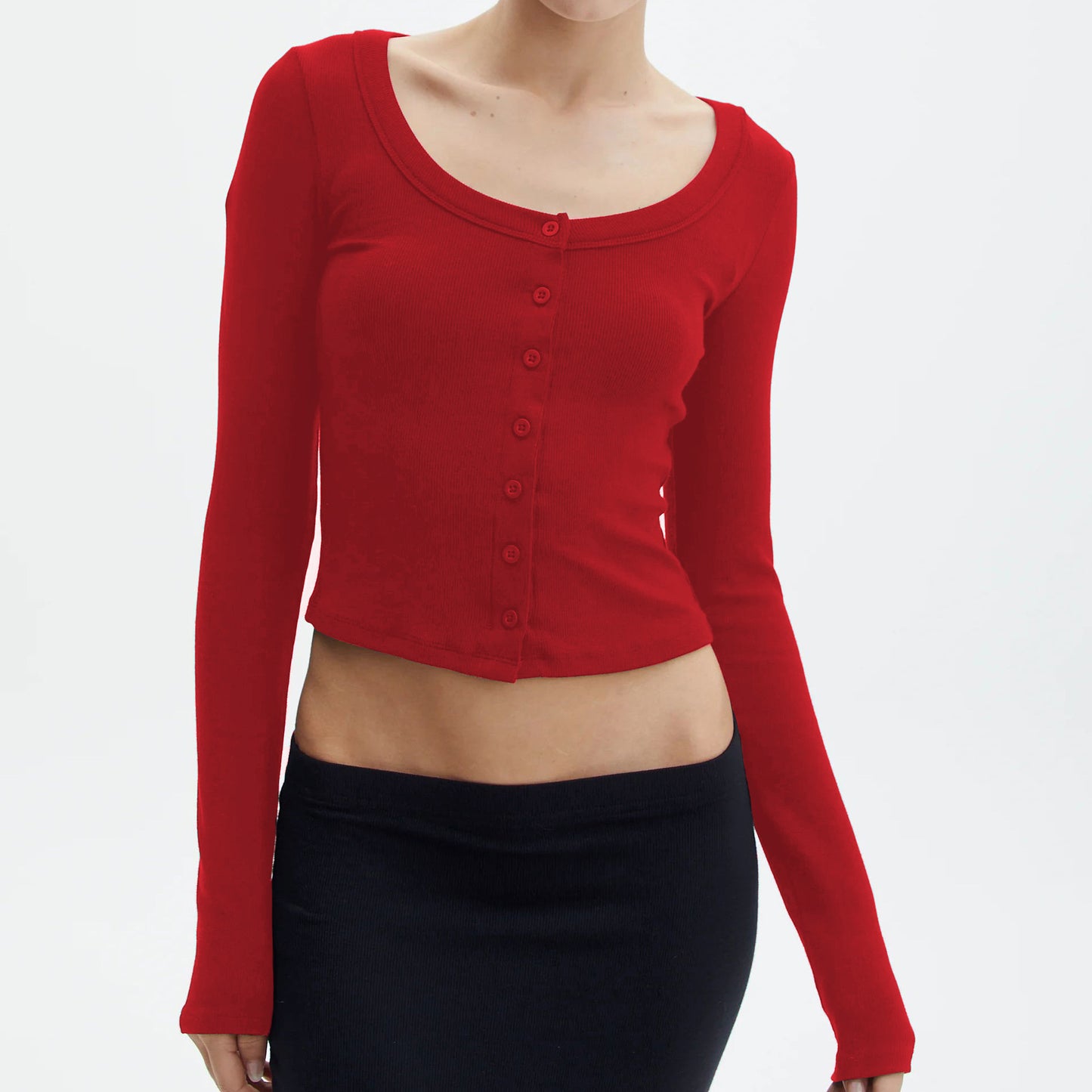 Women's Round Neck Long Sleeve T-shirt Buttoned Blouses