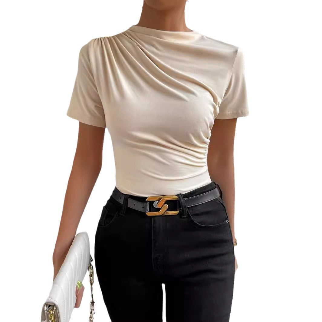 Women's Short-sleeved T-shirt With Small Turtleneck Pleating Blouses