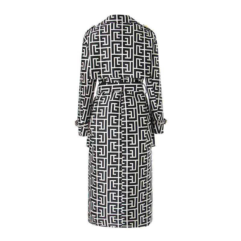 Women's Trench Loose Design Black White Swastika Coats