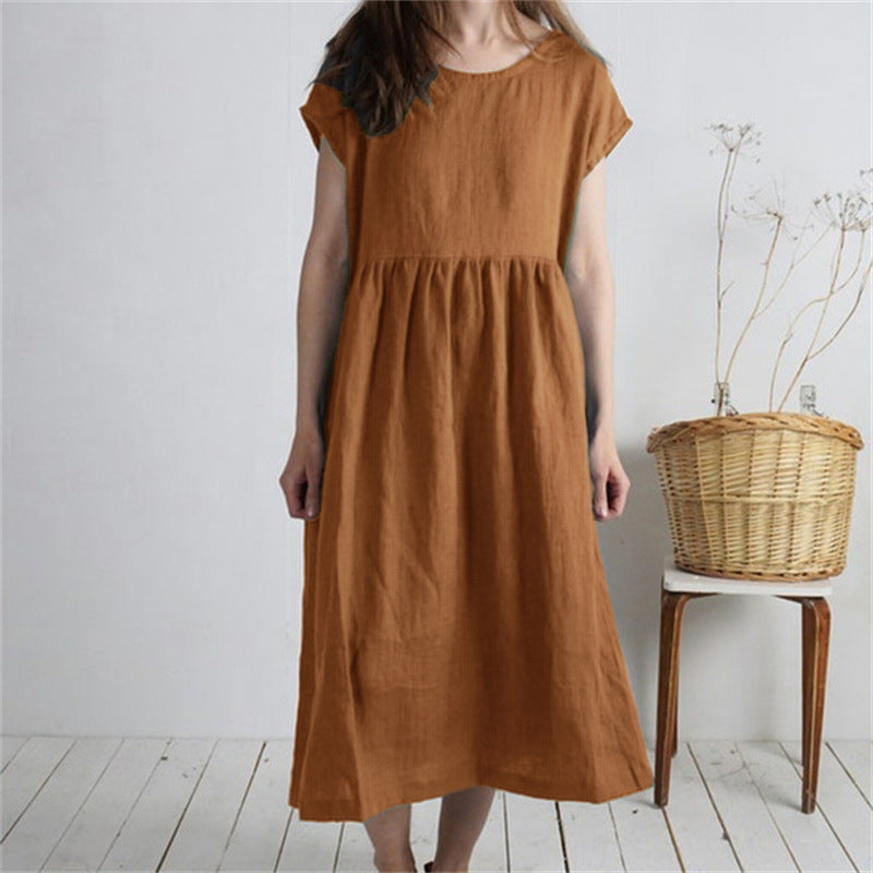 Women's Dress Round Neck Sleeve Solid Color Pleated Dresses