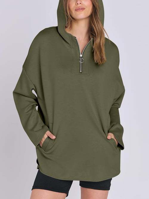 Sweat-shirt à capuche zippé à demi-col roulé pour femme