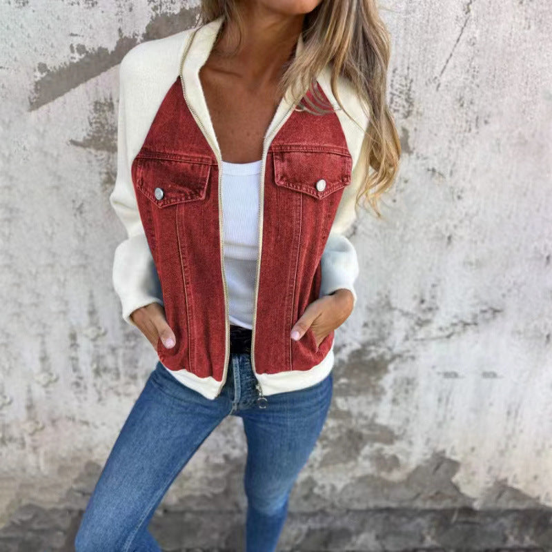 Women's Denim Stitching Casual Fashion Raglan Sleeve Jackets