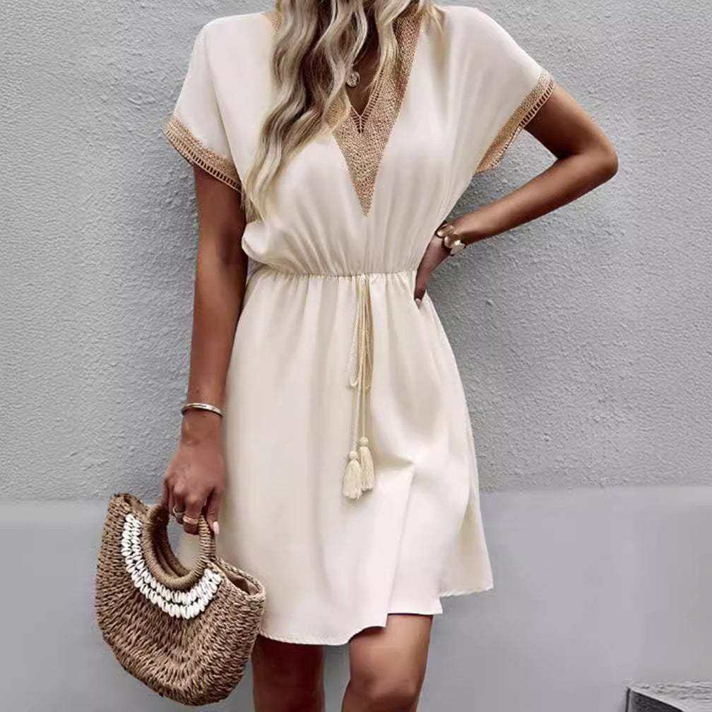 Solid Color Sleeve Lace Waist Dress Dresses