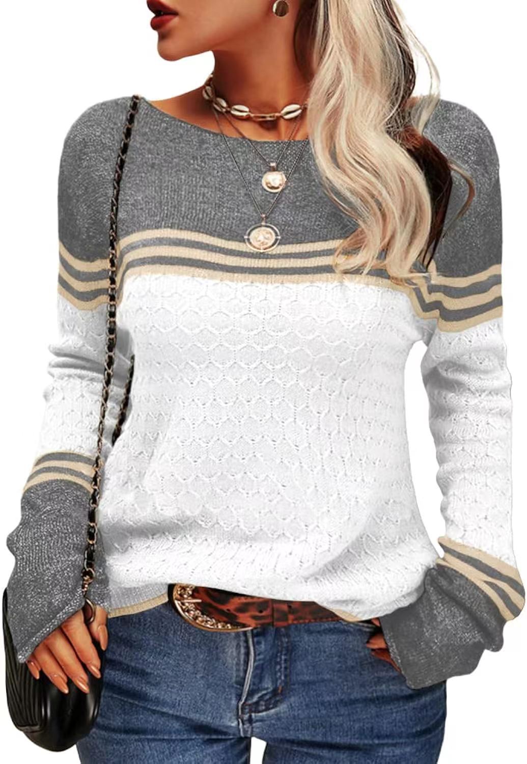 Women's Crocheted Long-sleeved Striped Crew Neck Knitted Sweaters