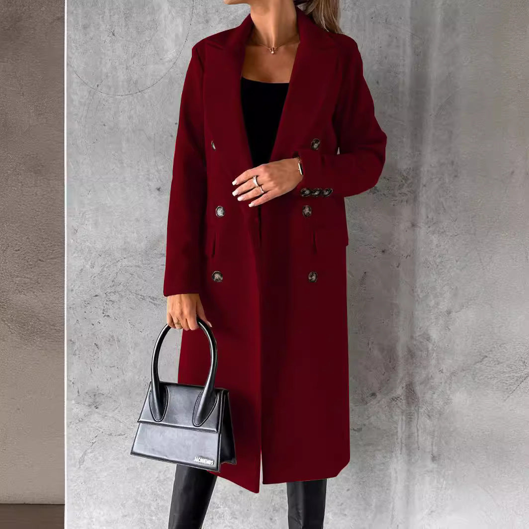 Women's Woolen Solid Color Long Sleeve Double Coats