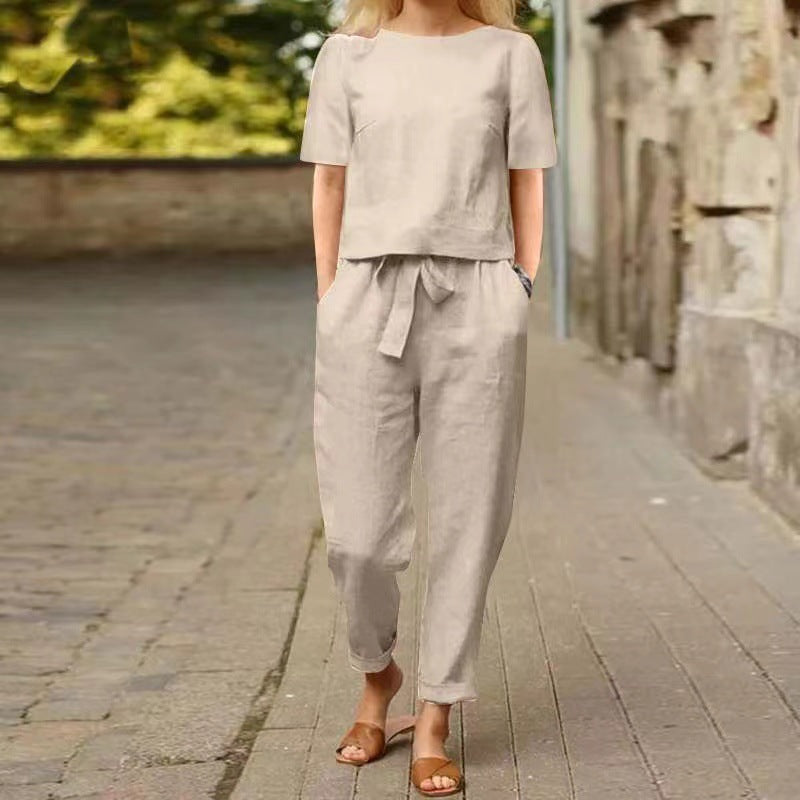 Women's Linen Summer Matching Half Sleeve Oversized Wide Leg Suits