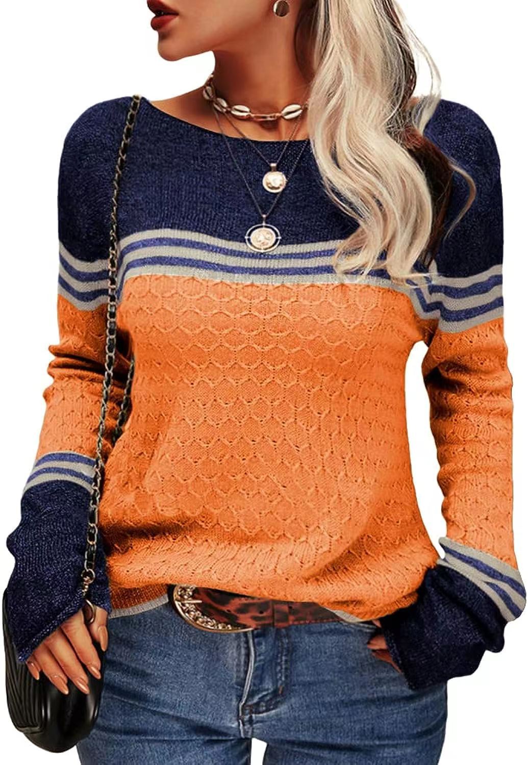 Women's Crocheted Long-sleeved Striped Crew Neck Knitted Sweaters