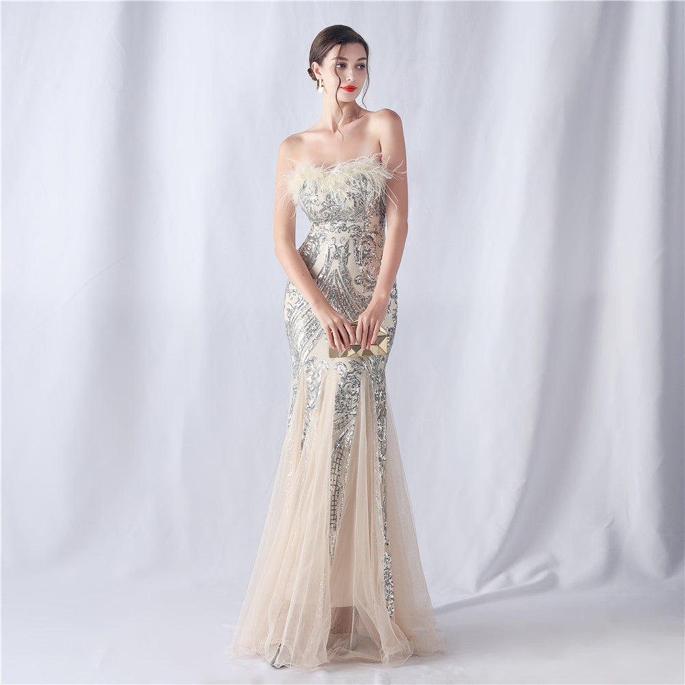 Positioning Flower Cutting Tube Sequin Gauze Evening Dresses