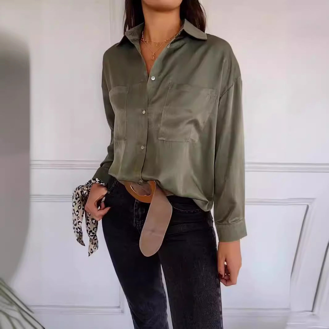 Stylish Step-in Casual Long-sleeved Pocket Shirt Blouses