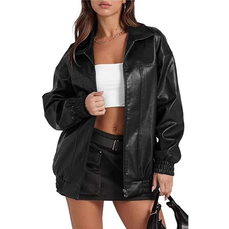 Women's Leather Long Sleeve Lapel Zipper Side Jackets