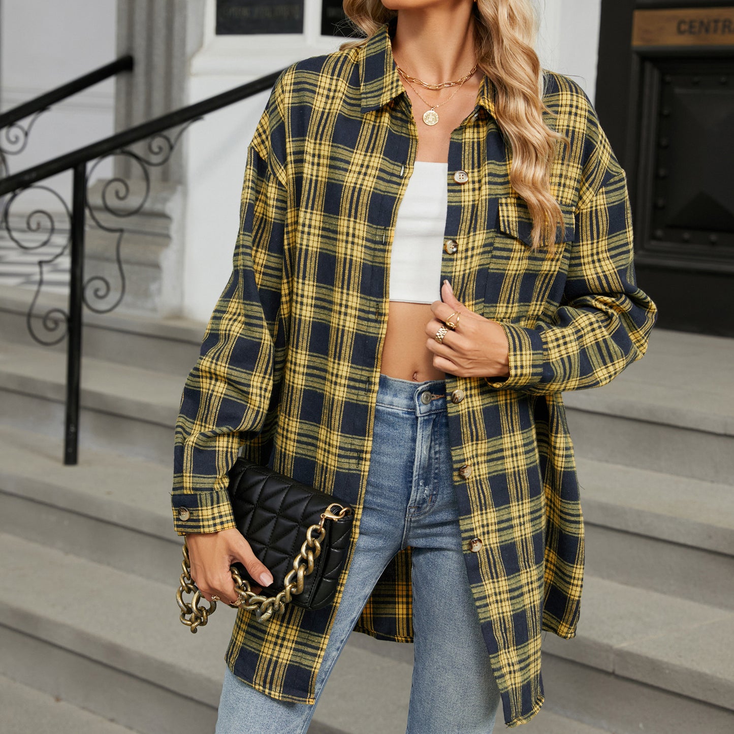 Style Plaid Shirt Brushed Long Sleeve Blouses