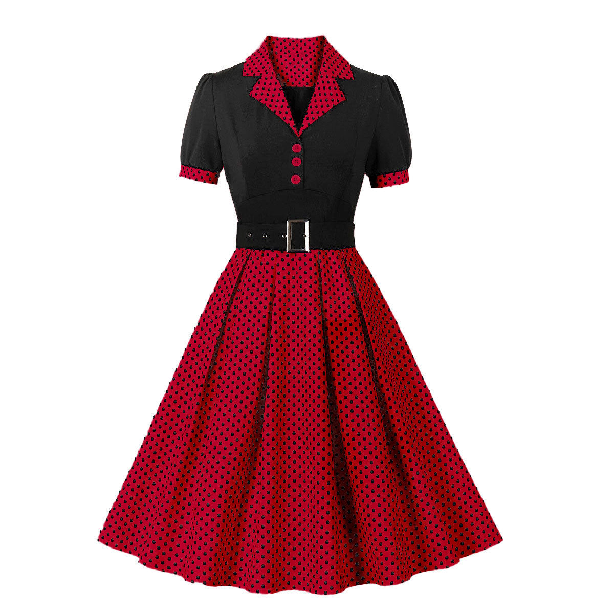 Women's Fashion Polka Dot Lapel Sleeve Belt Dresses