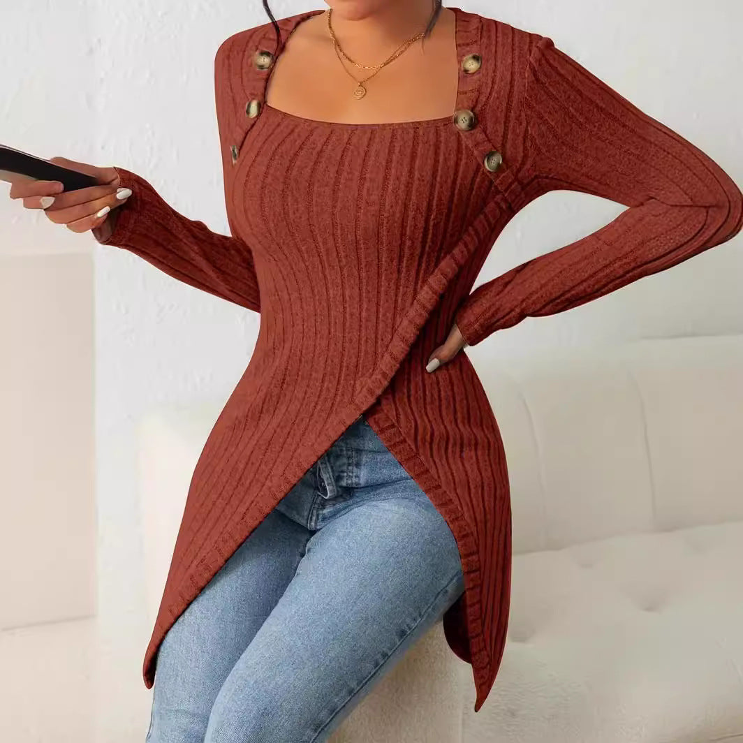 Women's Long Sleeve Knitted Square Collar Irregular Knitwear