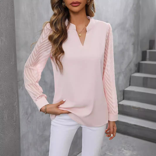 Fashion Ladies Chiffon Patchwork Long Sleeve Solid Blouses