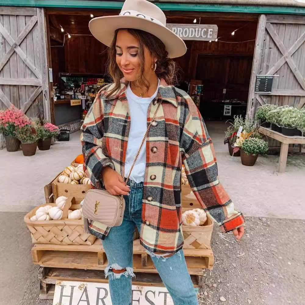 Women's Temperament Long Sleeve Lapel Loose Plaid Coats