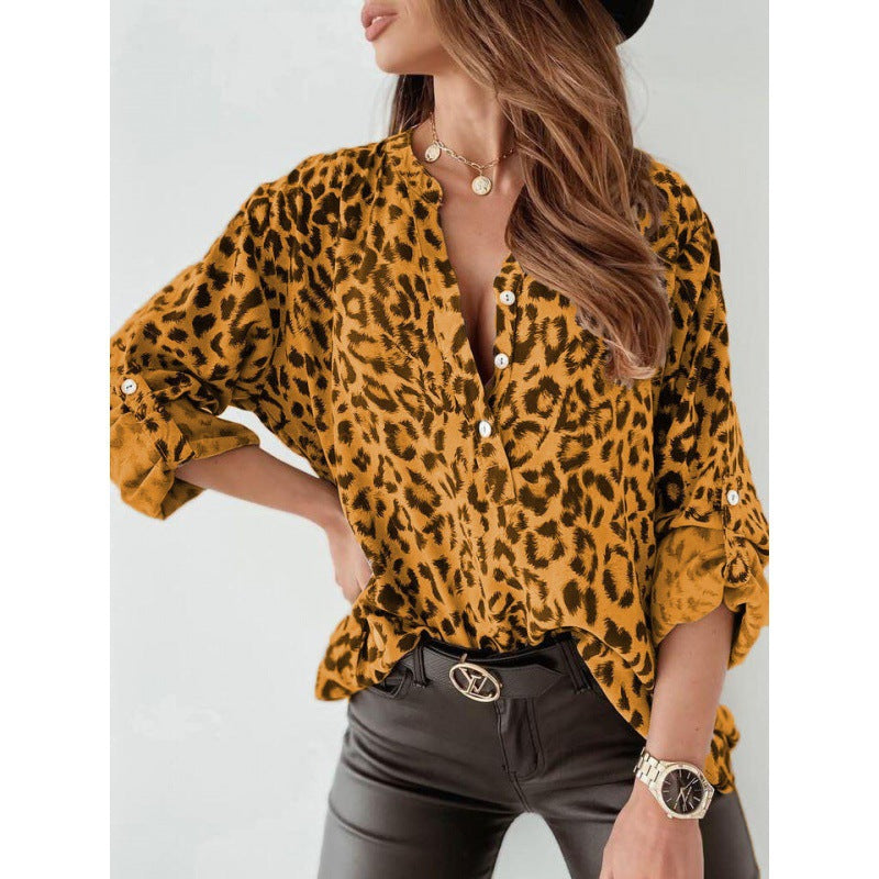 Women's Print Shirt Long Sleeve Leopard Single-breasted Blouses