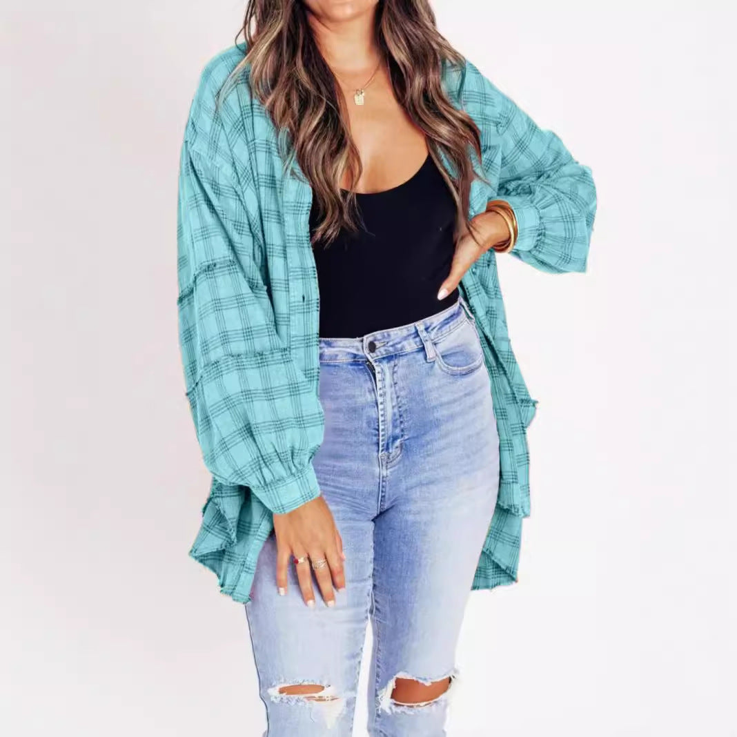 Women's Frayed Lantern Sleeve Loose Button Plaid Blouses