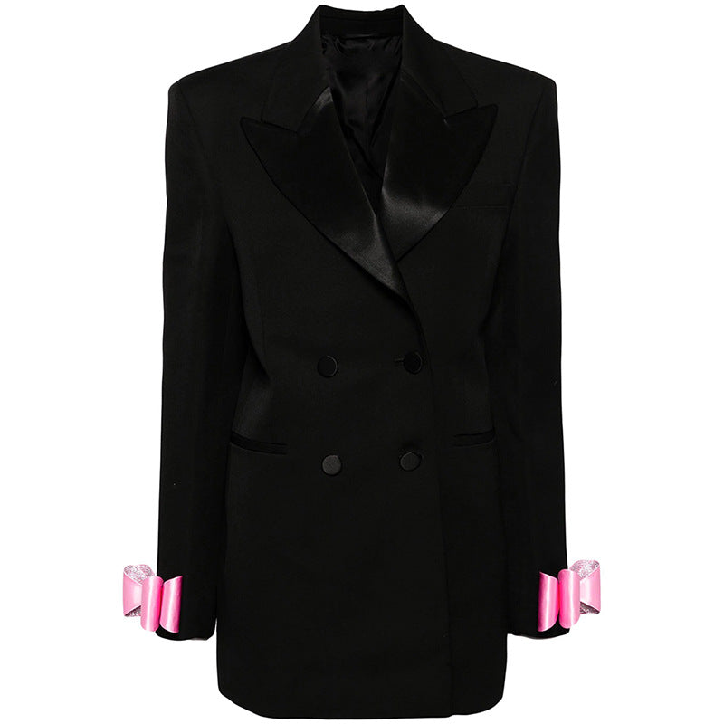 Fashion Double Breasted Satin Collar Bow Blazers