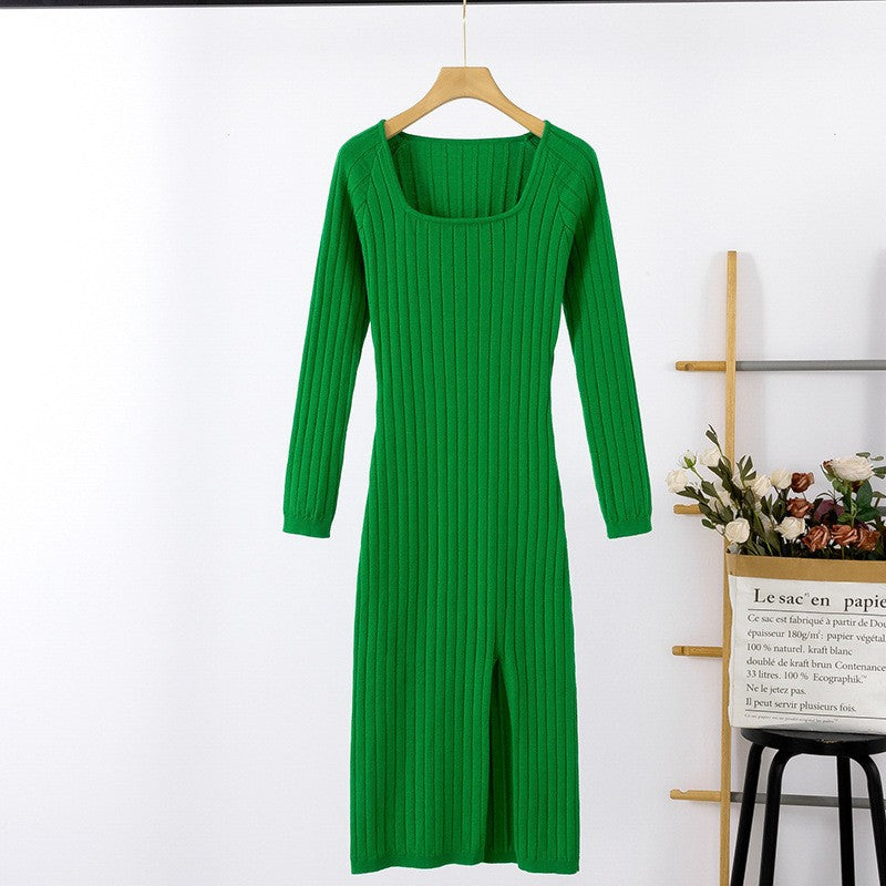 Women's Long Sleeve Crew Neck Split Knitted Dresses