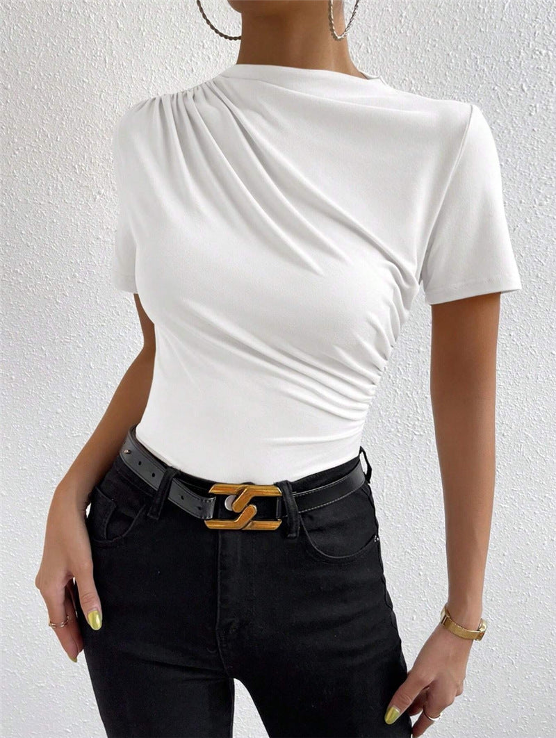 Women's Short-sleeved T-shirt With Small Turtleneck Pleating Blouses