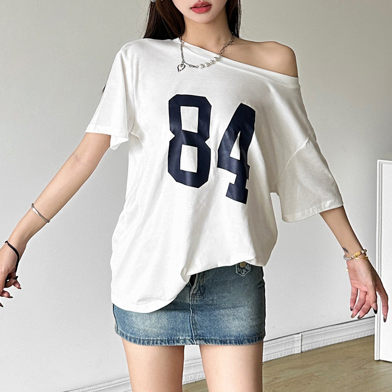 Women's Summer Street Fashion Letter Print Diagonal Collar Blouses