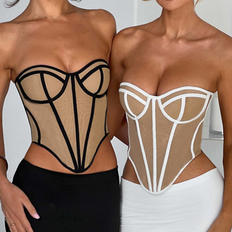 Women's Sexy Tube Backless Design Lines Contrast Color Tops