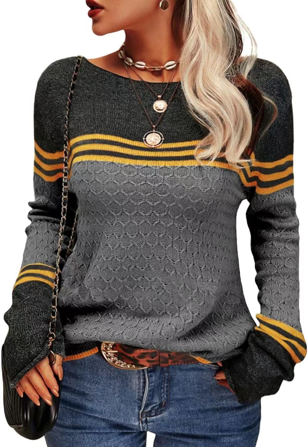 Women's Crocheted Long-sleeved Striped Crew Neck Knitted Sweaters