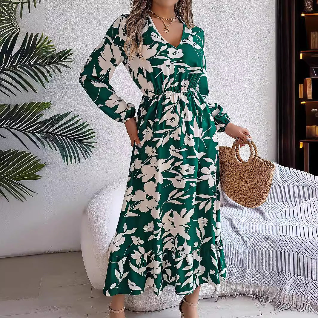 Women's Casual Flower Long Sleeves Ruffles Dress Clothing