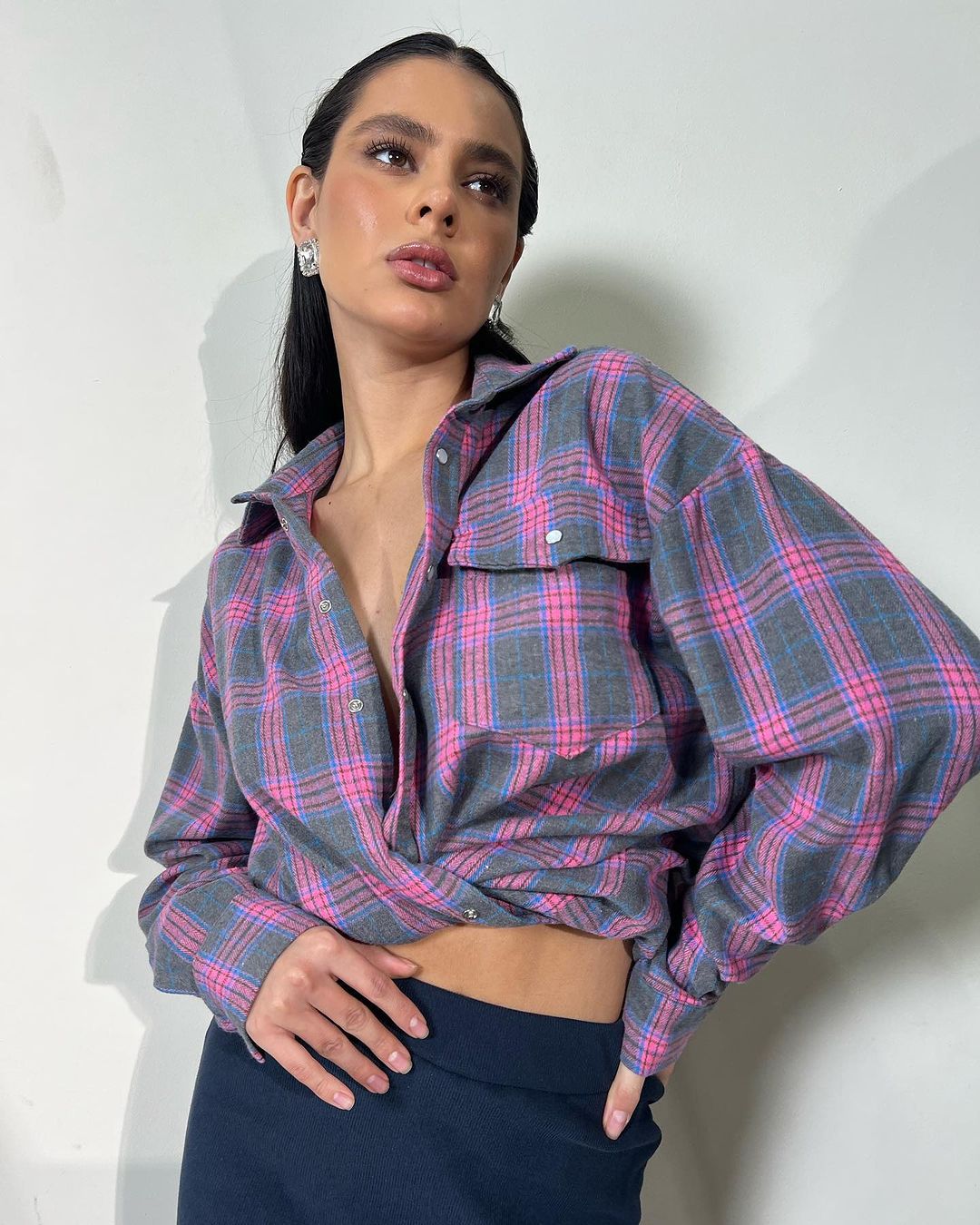 Women's Retro Style Lapel Loose Shirt Plaid Long Blouses