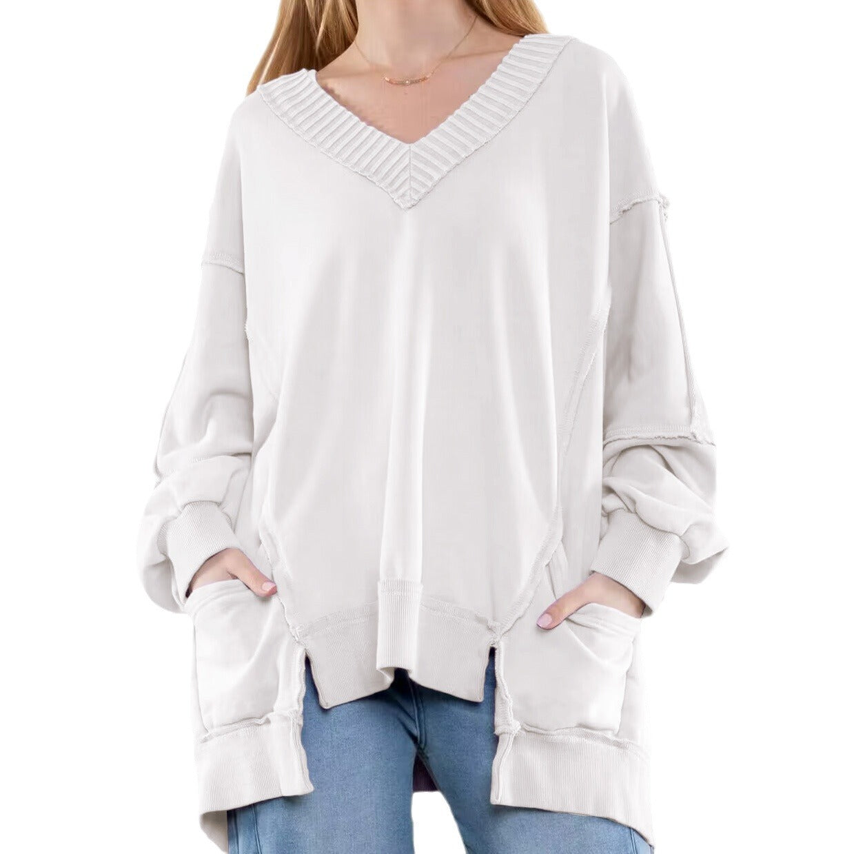 Women's Wear Lantern Sleeve Loose Irregular Hem Design Sweaters