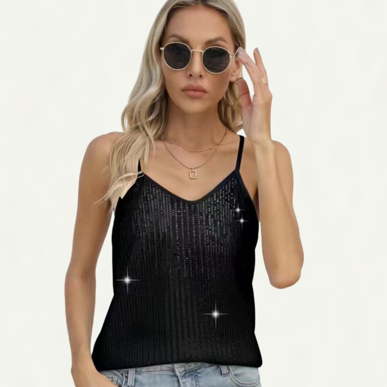 Sequins Sleeve Casual Sequin Deep V Tops