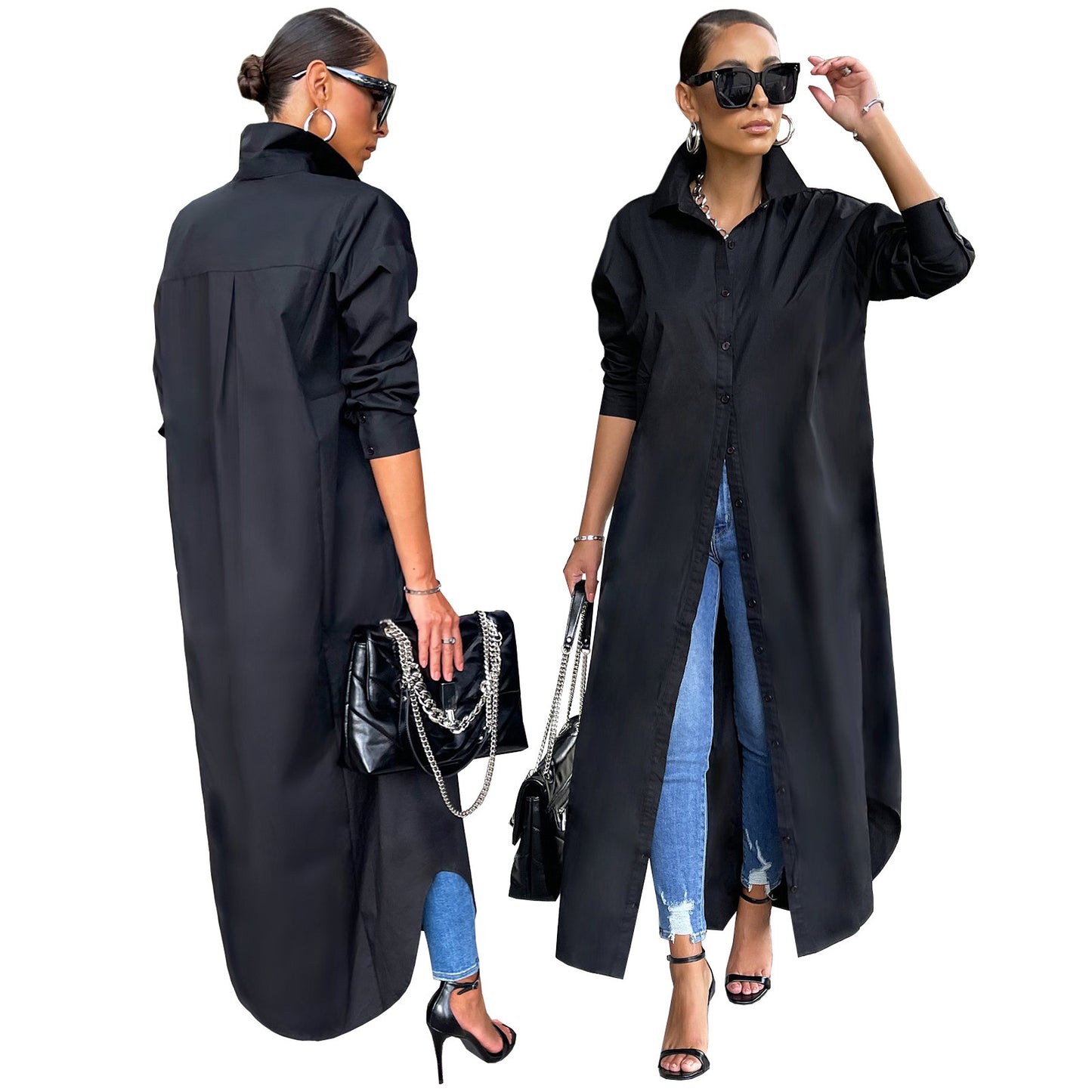 Women's Fashion Casual Solid Color Long Shirt Blouses