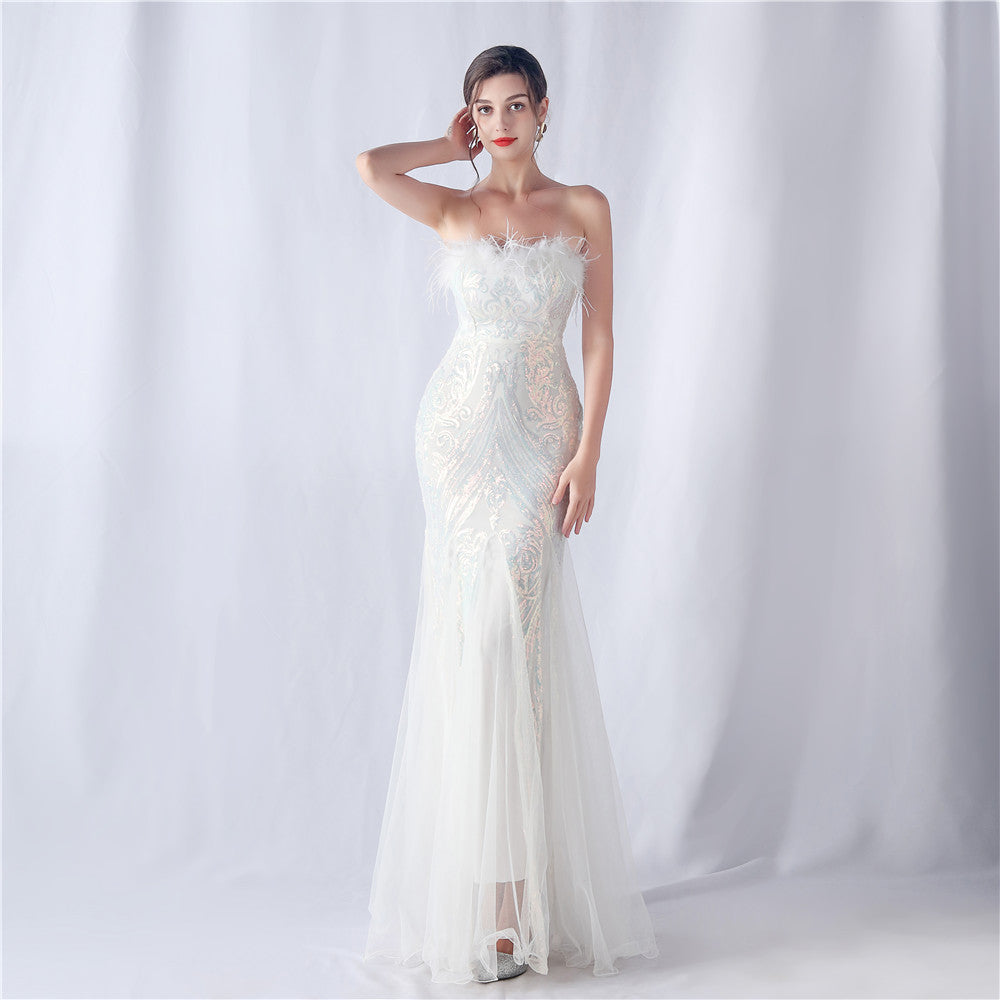 Positioning Flower Cutting Tube Sequin Gauze Evening Dresses