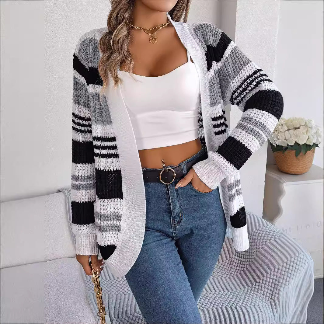 Women's Casual Contrast Color Striped Pocket Long Clothing