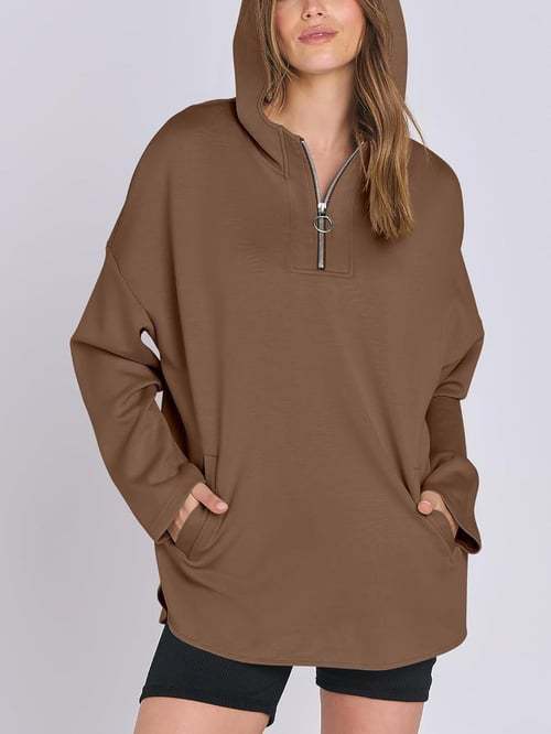 Sweat-shirt à capuche zippé à demi-col roulé pour femme