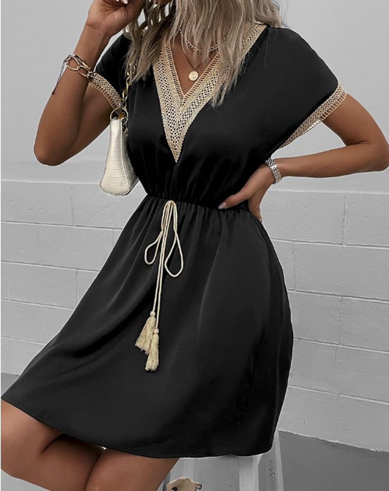 Solid Color Sleeve Lace Waist Dress Dresses