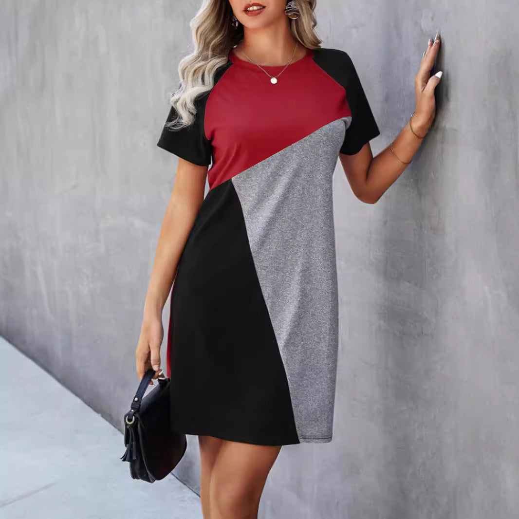 Women's Contrast Stitching Irregular Sleeve Dress Summer Skirts