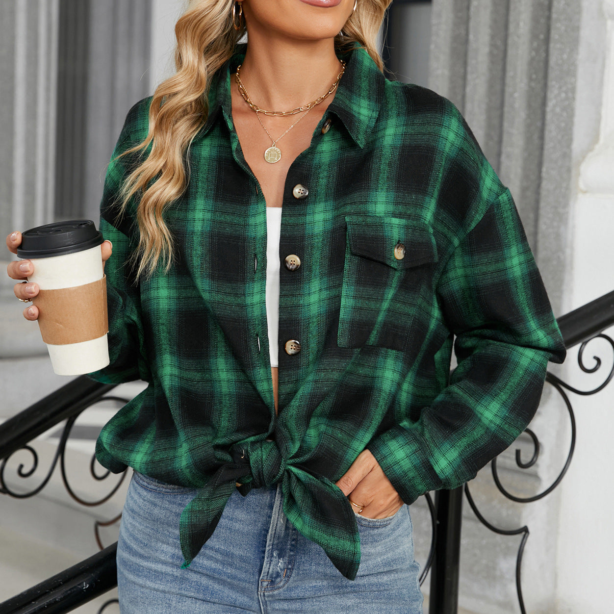 Style Plaid Shirt Brushed Long Sleeve Blouses