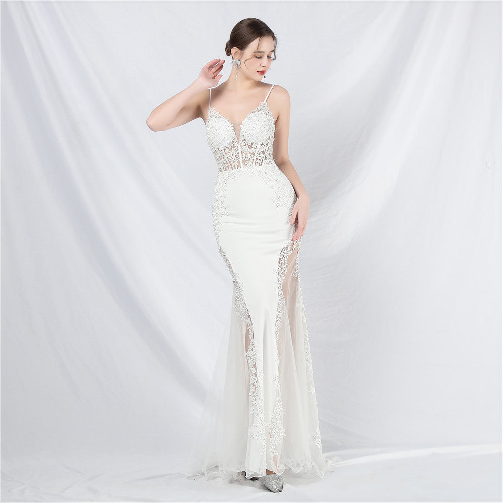 Lace Hot Rhinestone Fishbone Tight Waist Evening Dresses