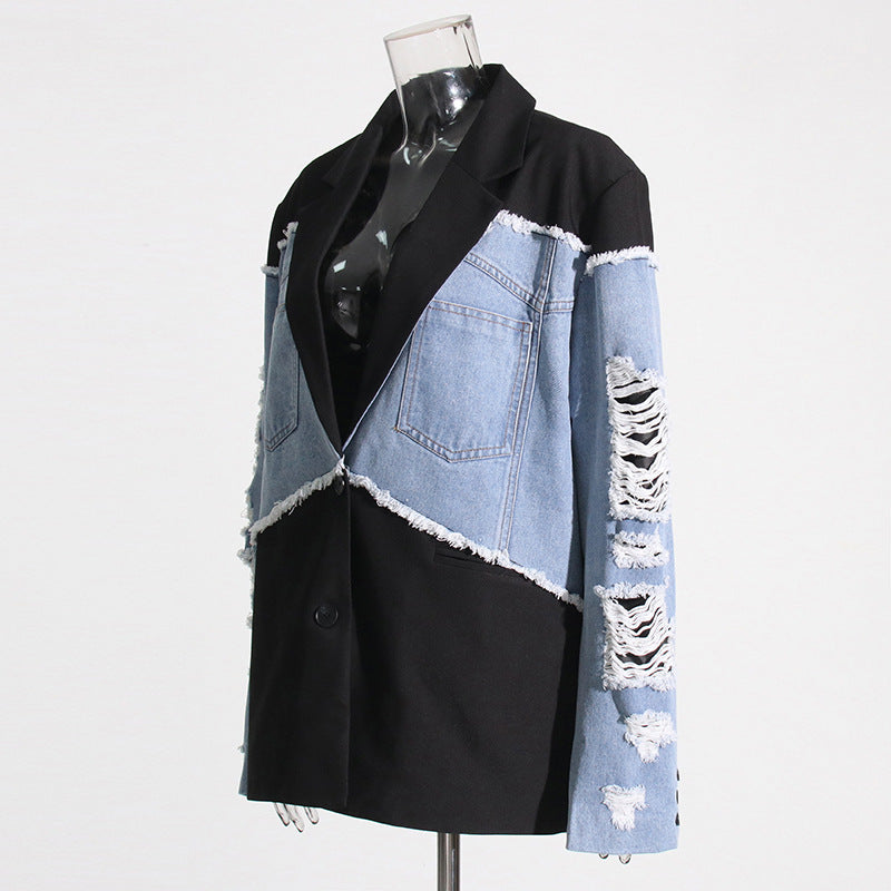 Women's Retro Trendy Denim Splicing Autumn Design Loose Blazers